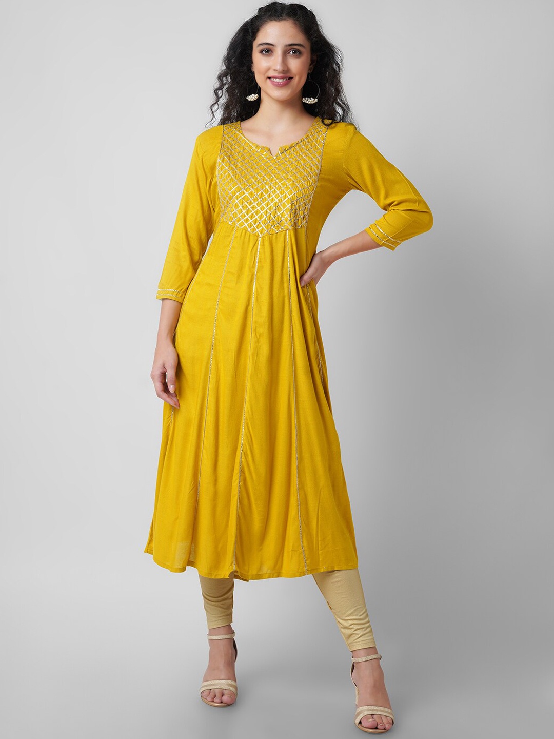 

KALINI Notched Neck Gotta Patti Panelled Kurta, Mustard