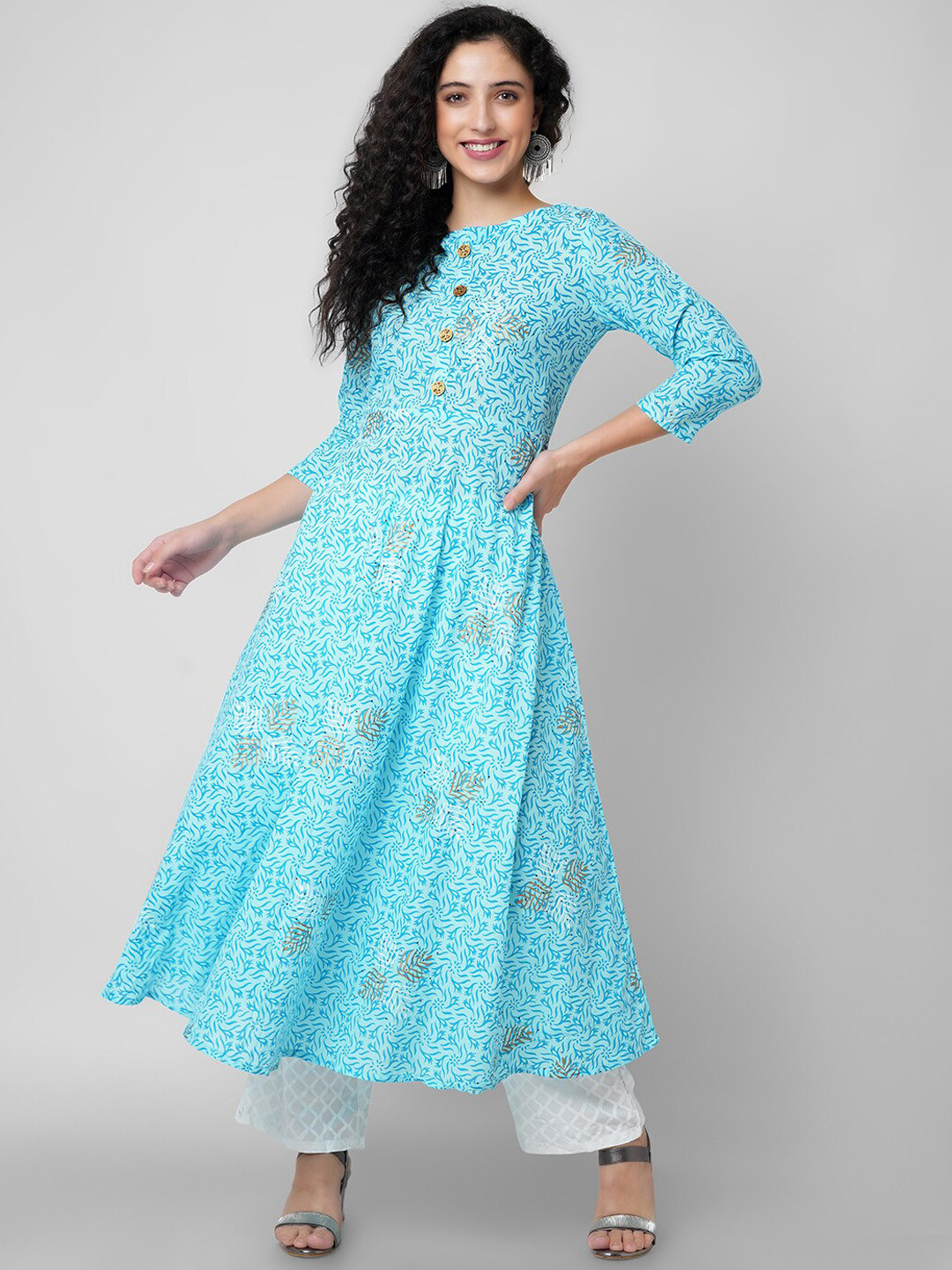 

KALINI Ethnic Motifs Printed Pure Cotton Anarkali Kurta, Blue