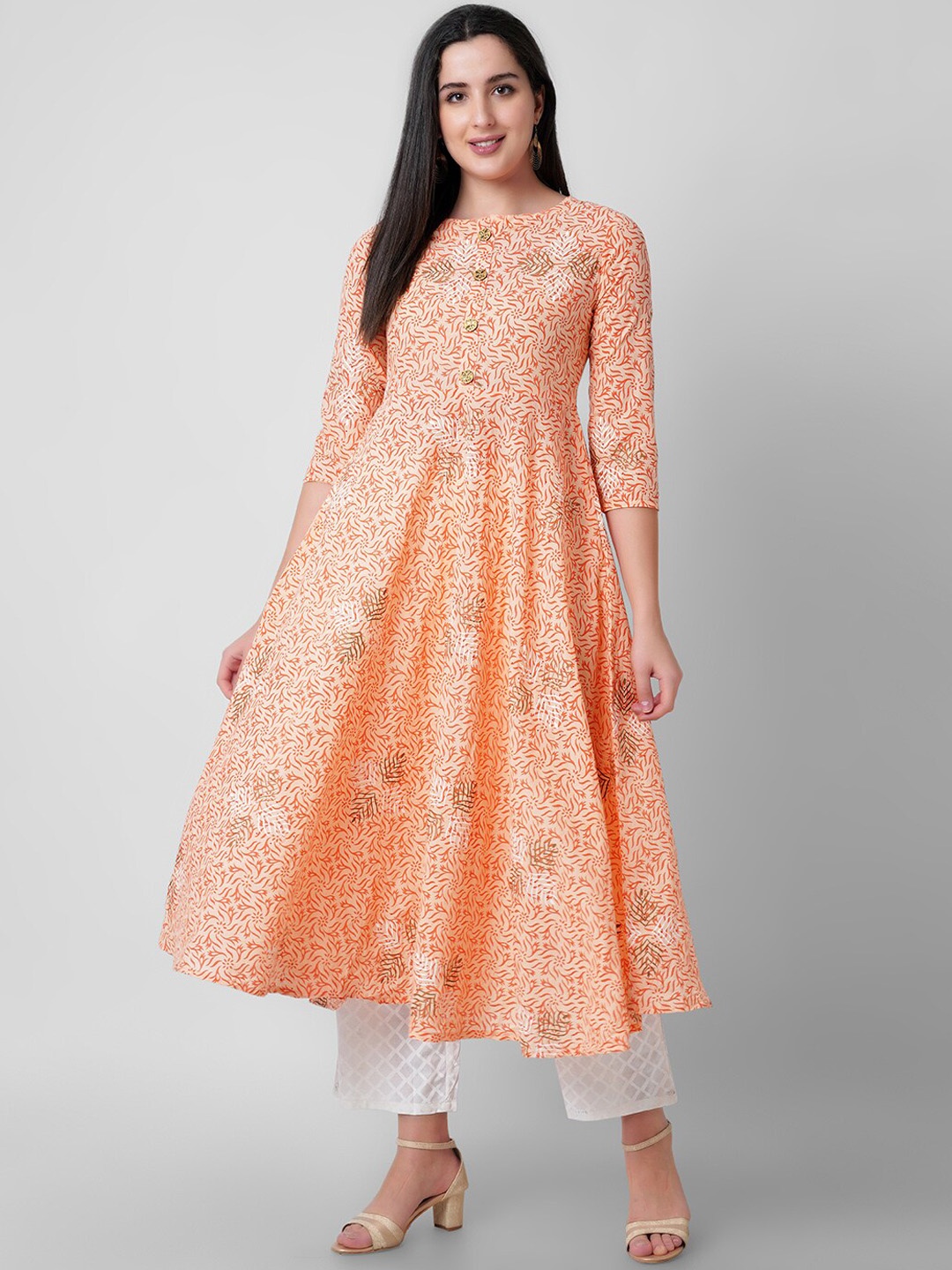 

KALINI Ethnic Motifs Printed Pleated A-Line Pure Cotton Kurta, Peach