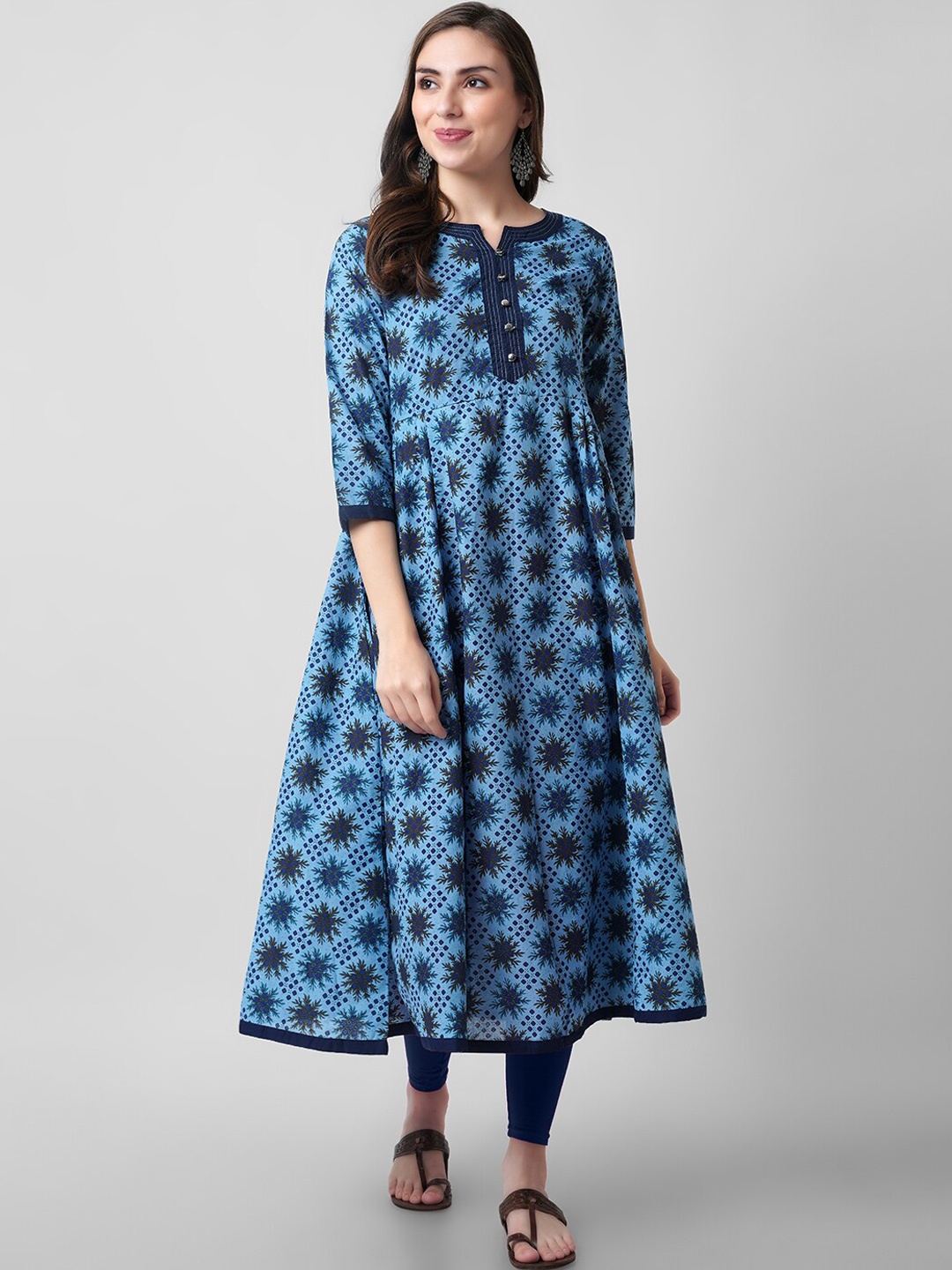 

KALINI Floral Printed Notched Neck Pleated Anarkali Kurta, Blue