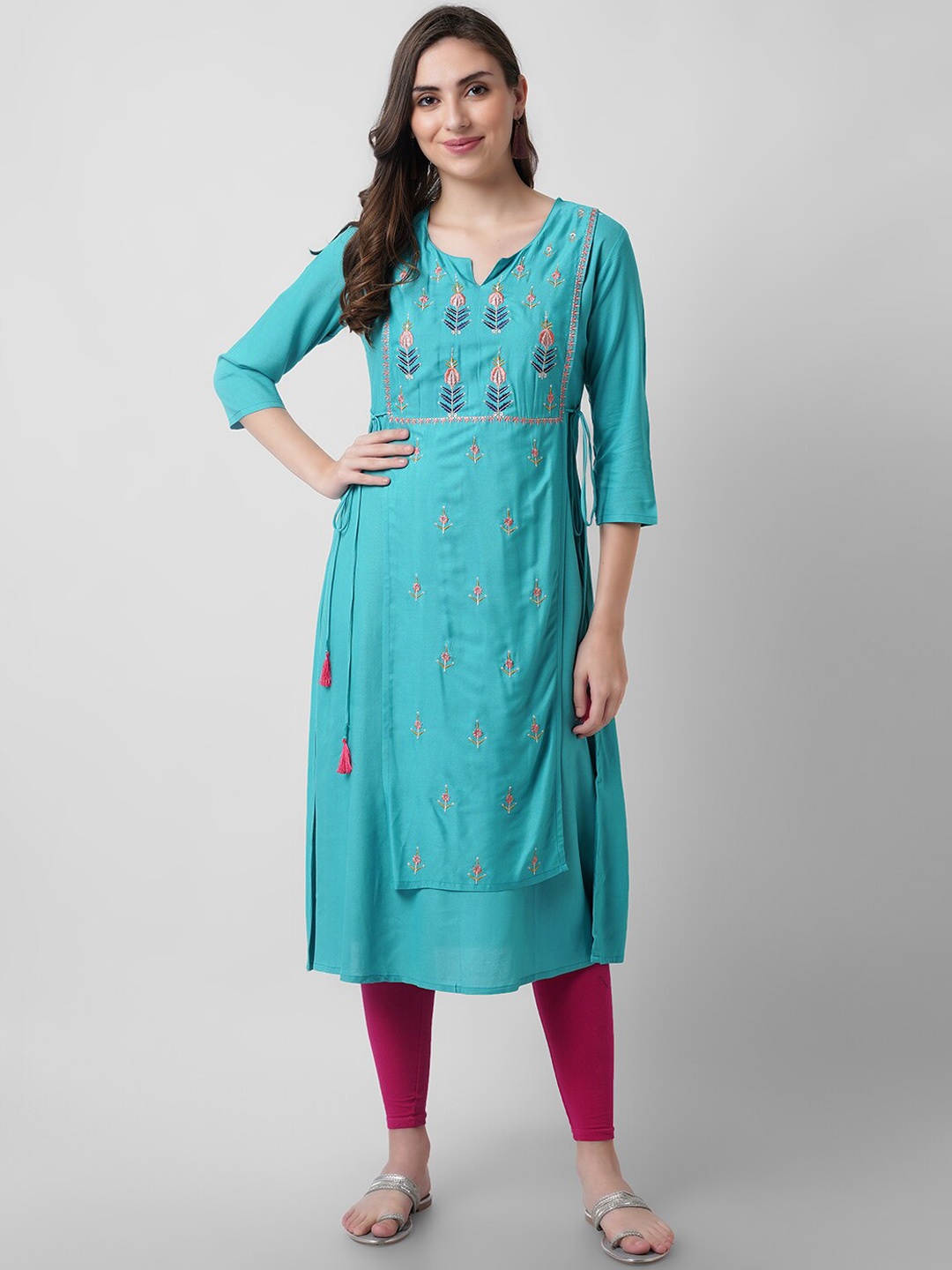 

KALINI Ethnic Motifs Embroidered Notch Neck Chikankari A-LineLayered Kurta, Turquoise blue