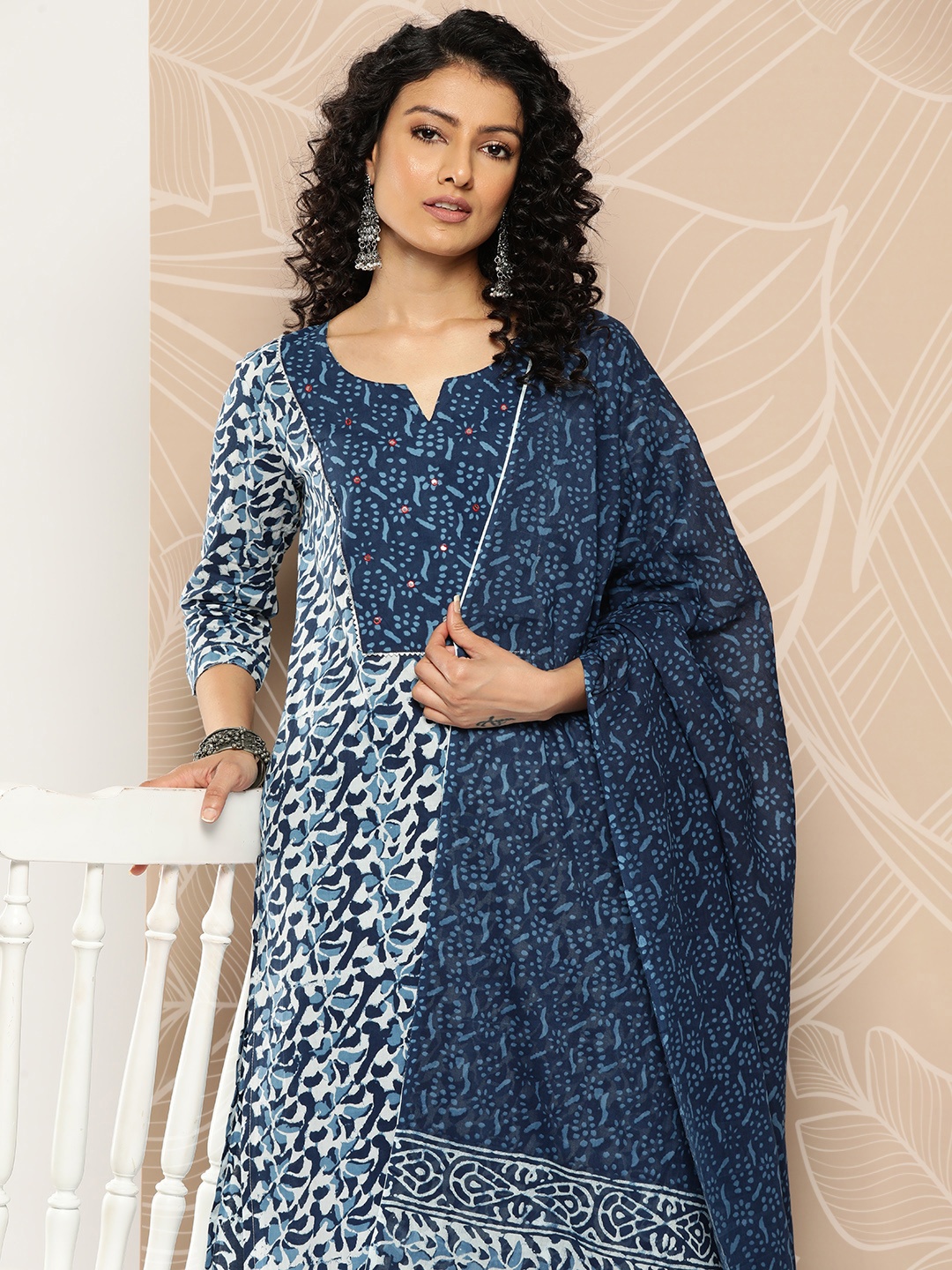 

Varanga Women Printed Mirror Work Pure Cotton Kurta with Trousers & With Dupatta, Blue