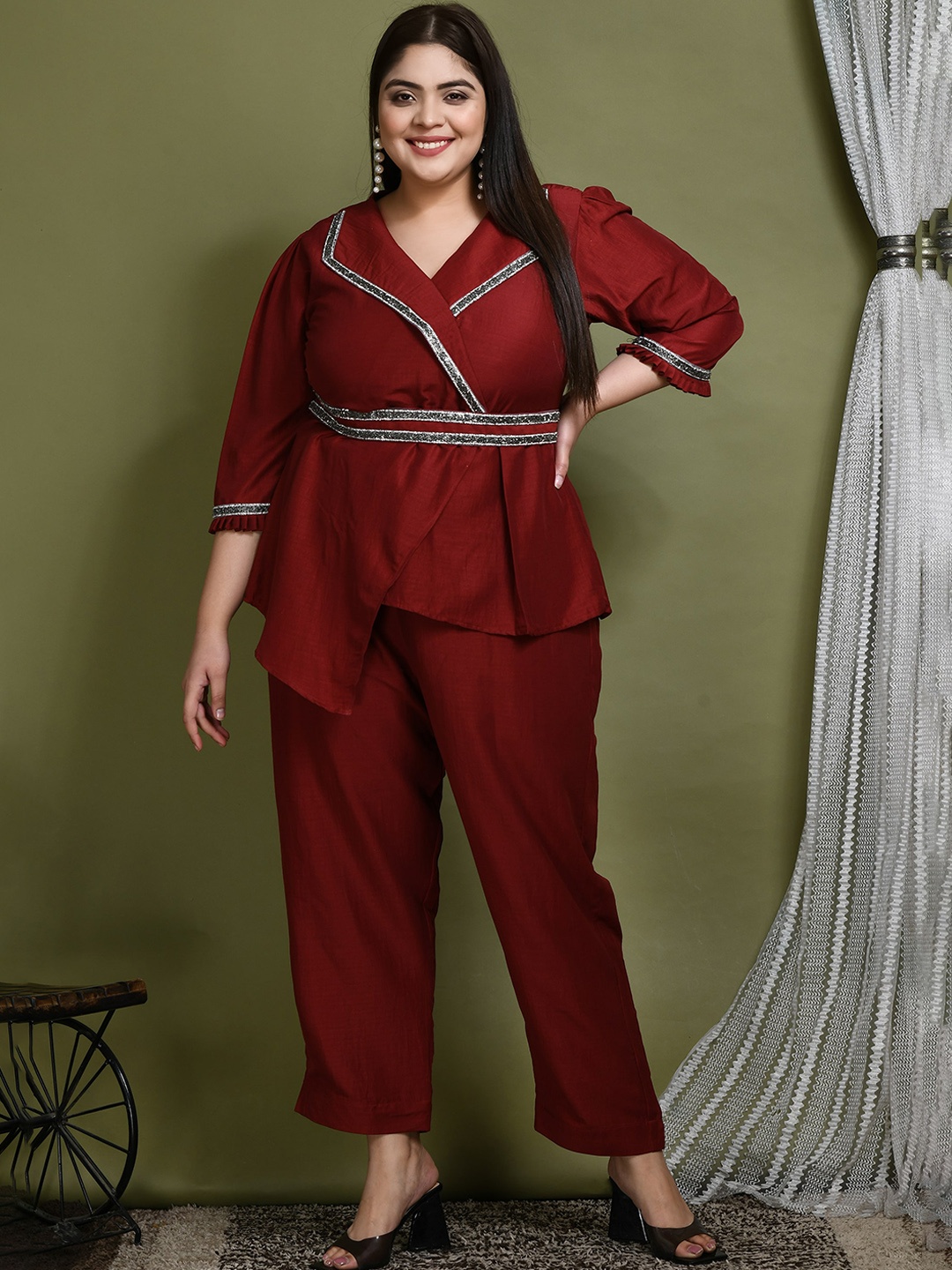 

PrettyPlus by Desinoor.com Plus Size Embellished Top & Trouser Co-Ords, Maroon