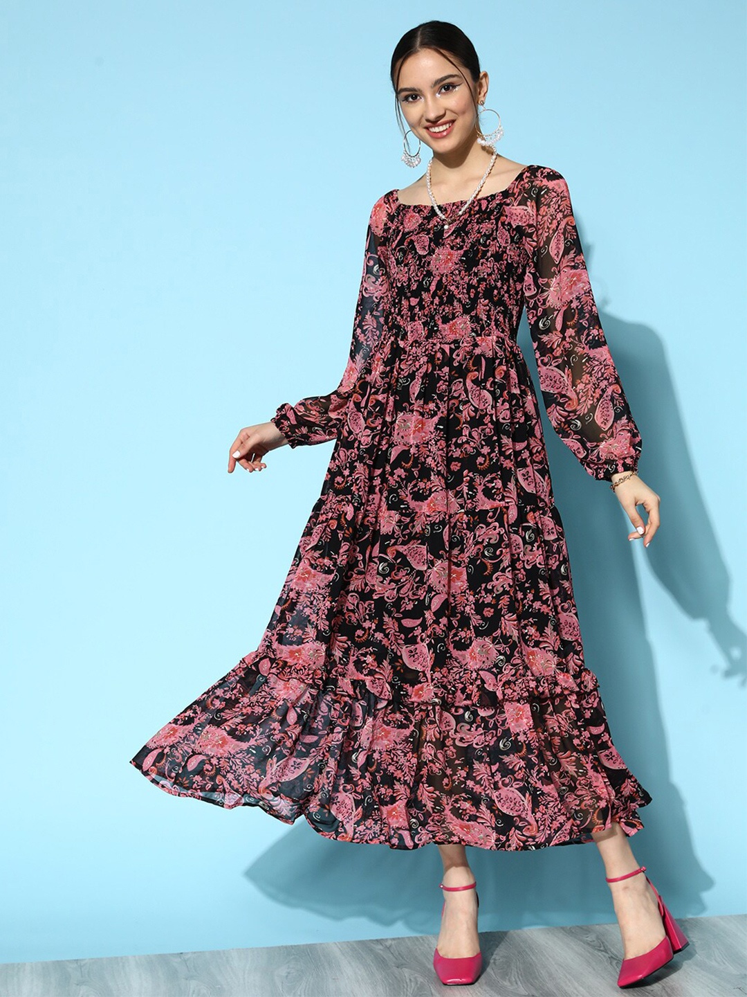 Ishin Floral Georgette Maxi Dress, Black