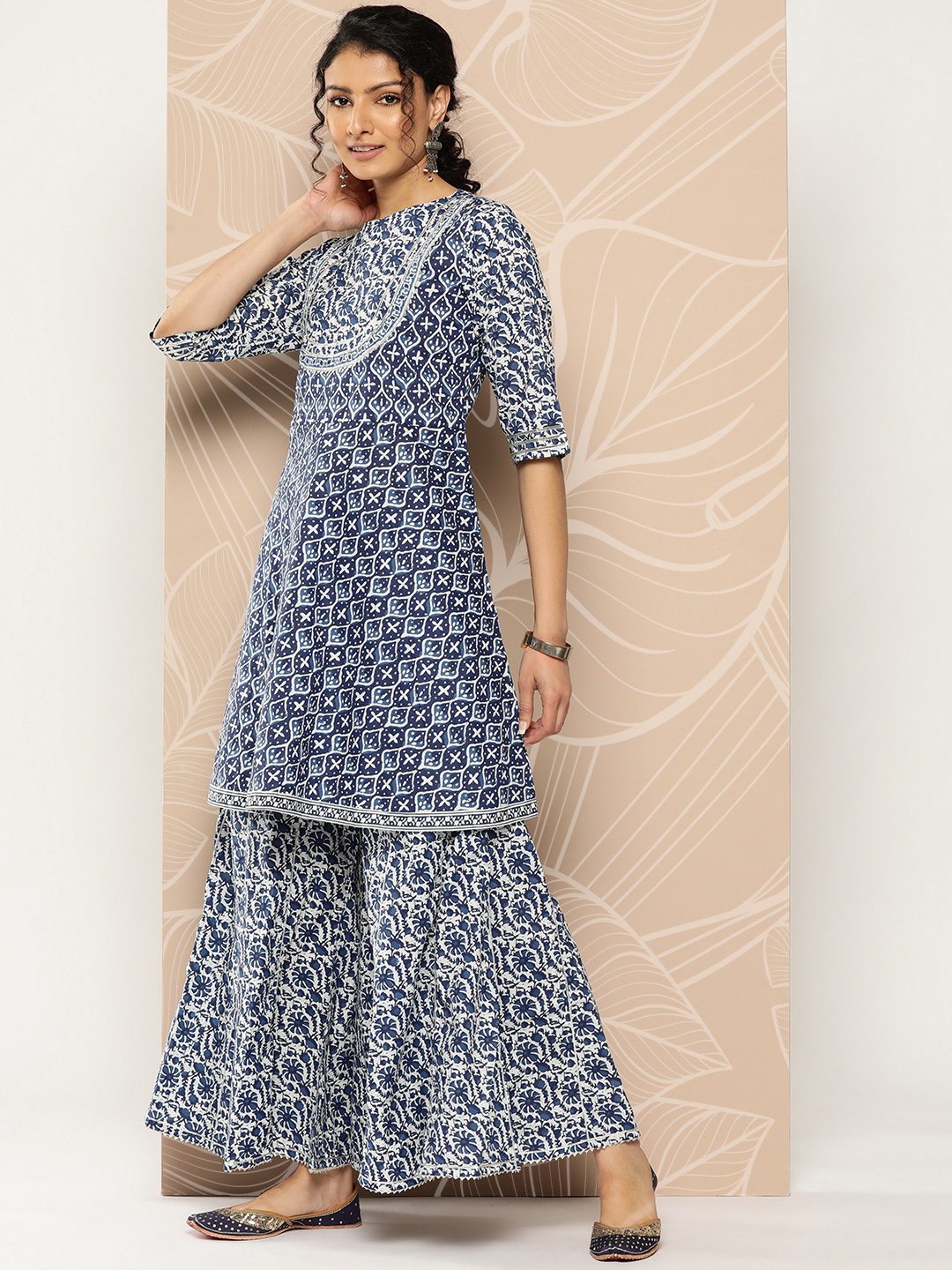 

Varanga Ethnic Motifs Printed Pleated Gotta Patti Pure Cotton Kurti With Sharara, Blue