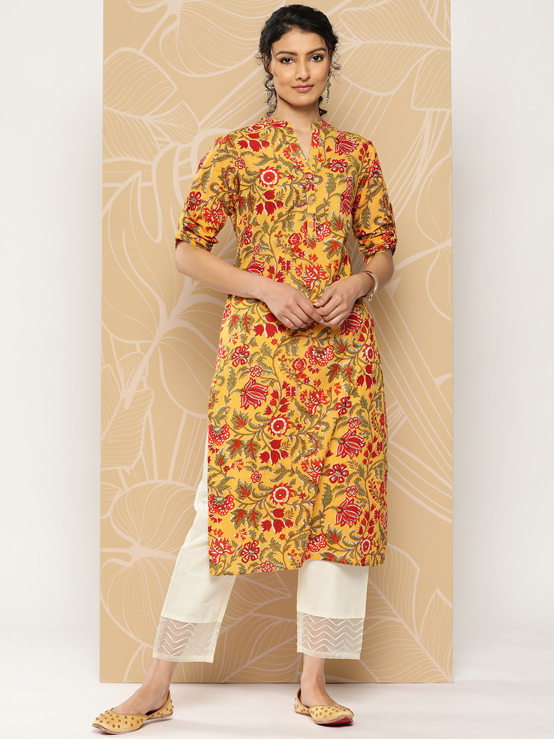 

Varanga Mandarin Collar Ethnic Motifs Printed Kurta, Mustard
