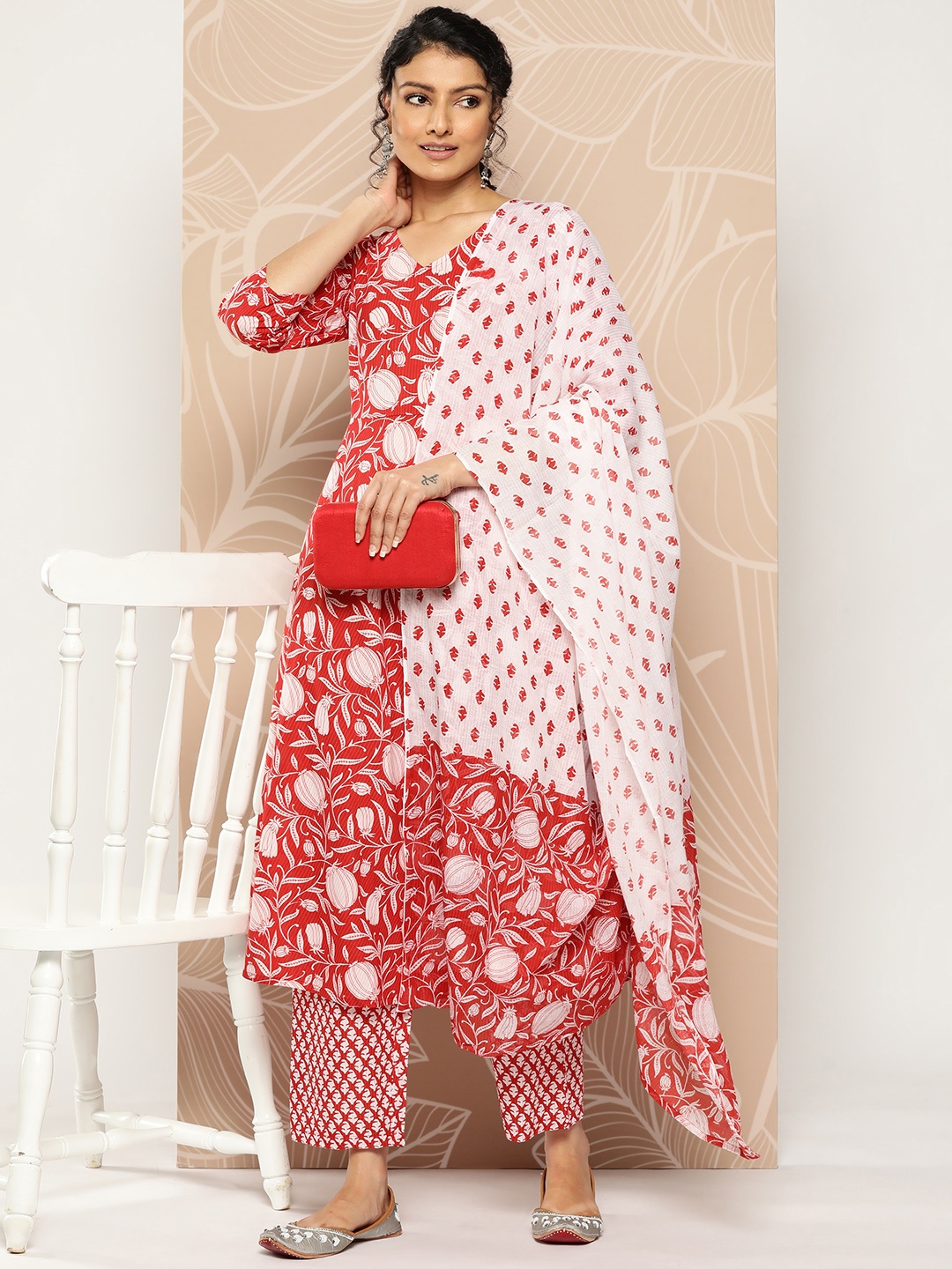 

Varanga Floral Printed Pure Cotton Kurta With Trousers & Dupatta, Red