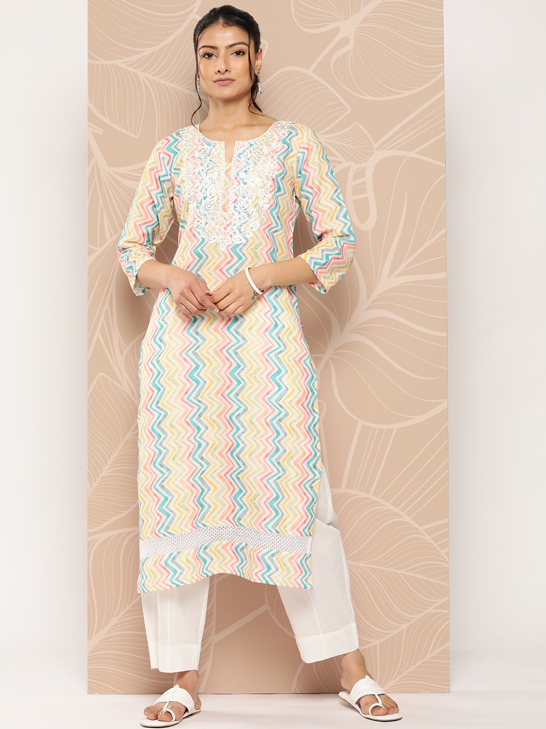 

Varanga Women Off White & Blue Chevron Printed Thread Work Pastels Kurta