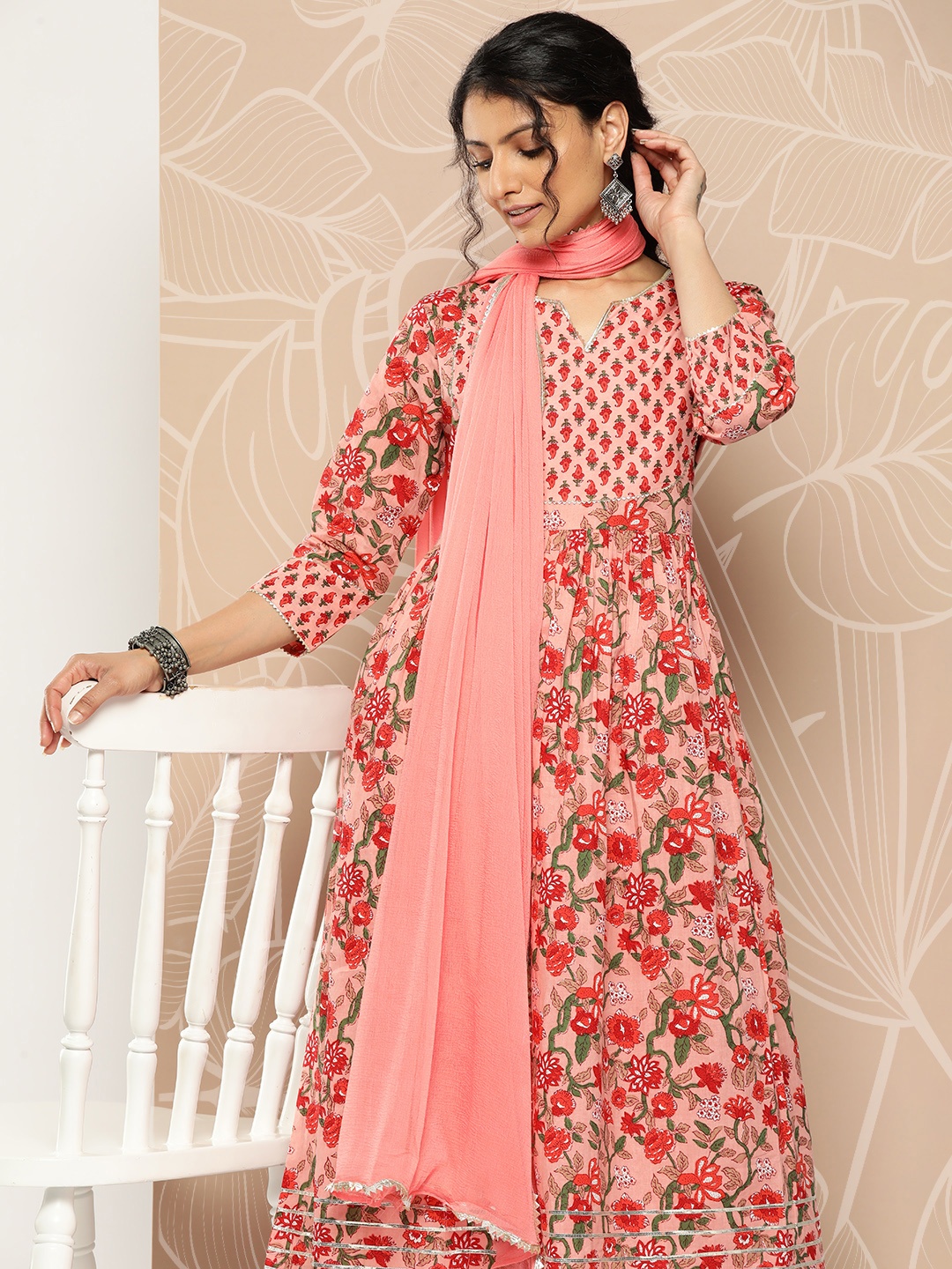 

Varanga Floral Printed Empire Gotta Patti Pure Cotton Kurta With Trousers & Dupatta, Peach