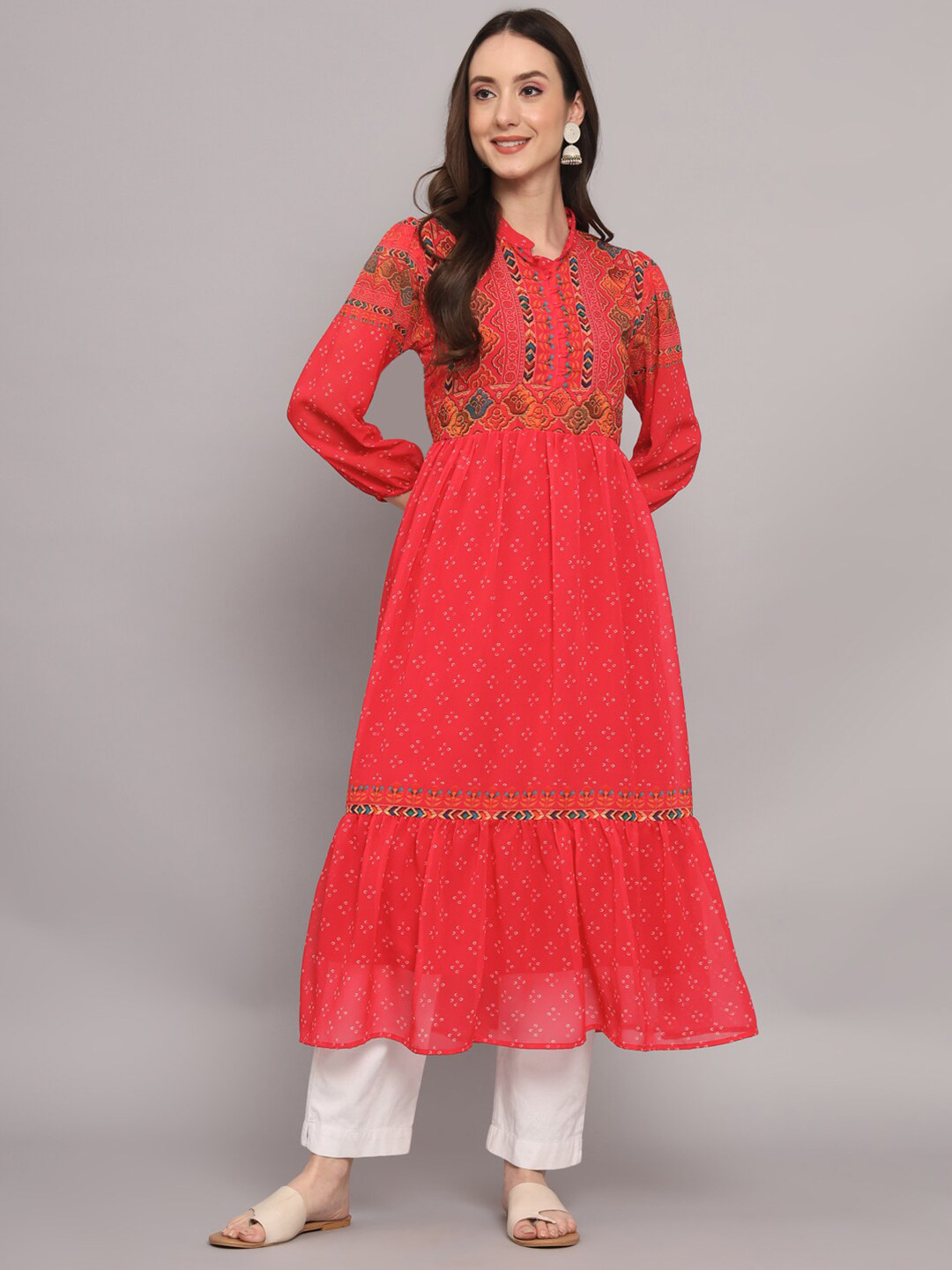 

Myshka Ethnic Motif Printed Mandarin Collar A-Line Kurta, Red