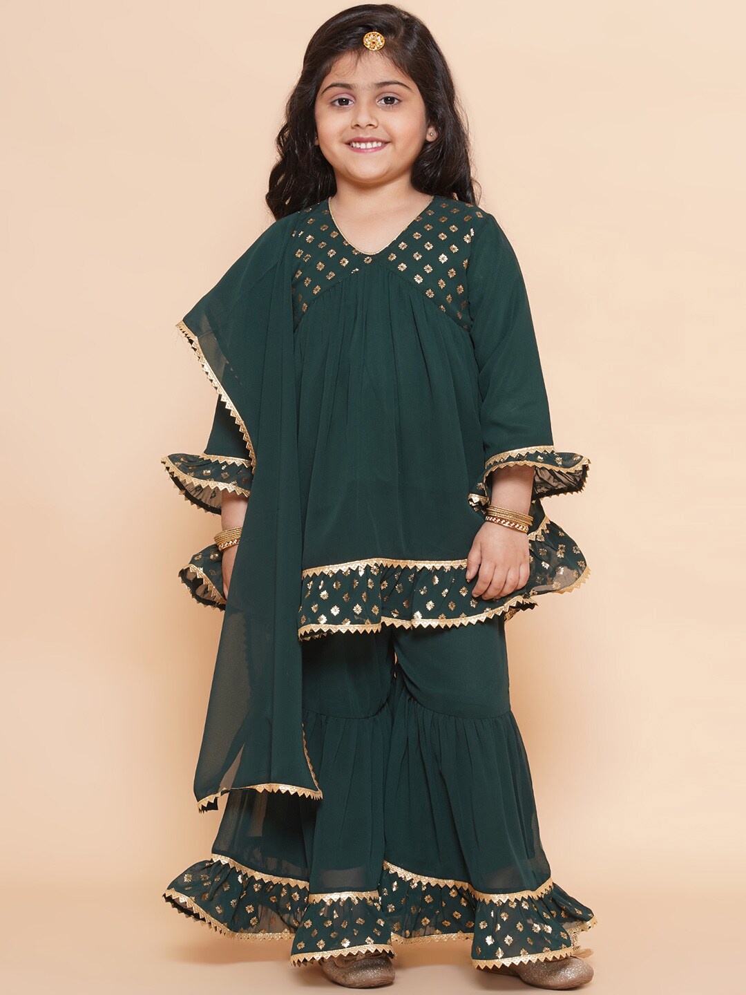 

Aj DEZInES Girls Ethnic Motif Printed Empire Gotta Patti Kurti with Sharara & Dupatta, Green