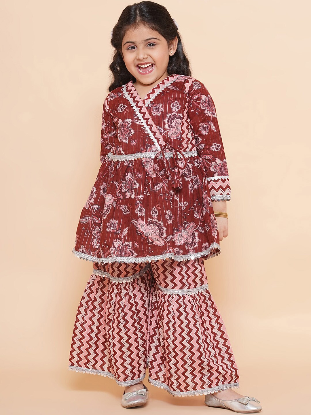 

Aj DEZInES Girls Floral Printed Angrakha Gotta Patti Pure Cotton Kurti with Sharara, Maroon