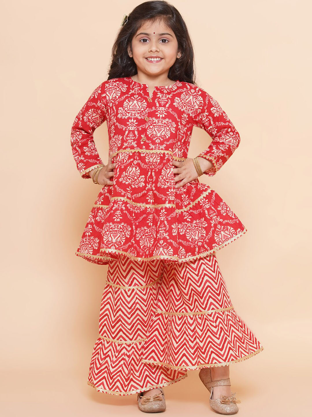 

Aj DEZInES Girls Printed Notch Neck Gotta Patti Pure Cotton Kurti with Sharara, Red
