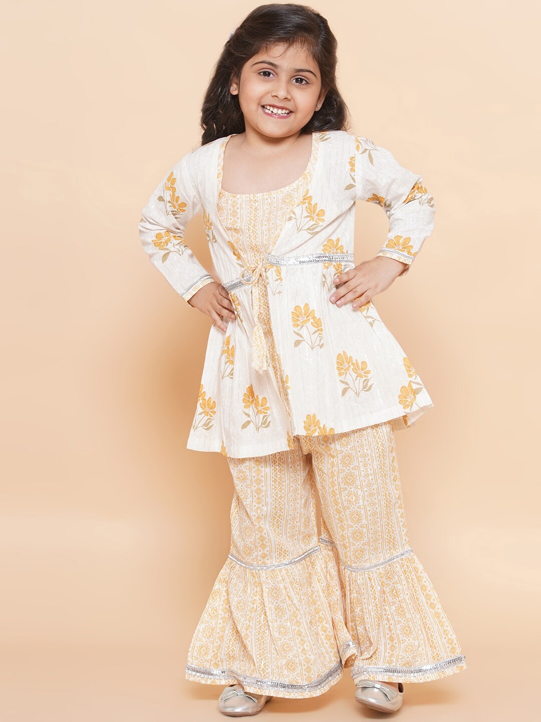 

Aj DEZInES Girls Yellow Floral Printed Empire Pure Cotton Kurti with Sharara