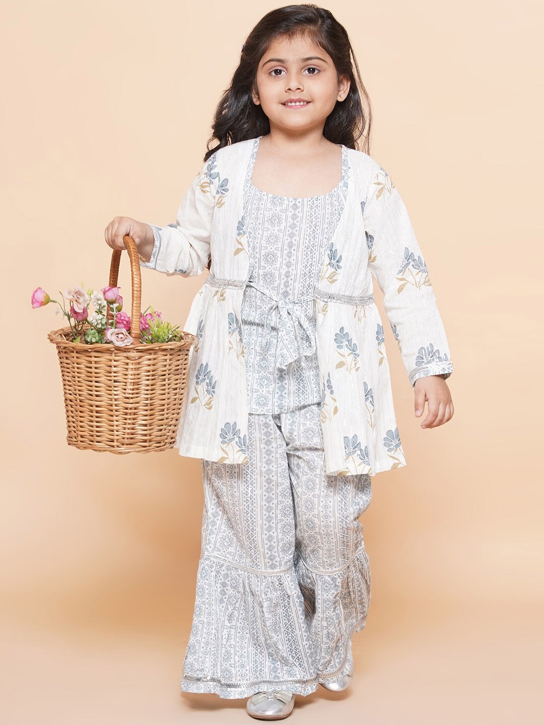 

Aj DEZInES Girls Floral Printed Empire Pure Cotton Kurti with Sharara, White