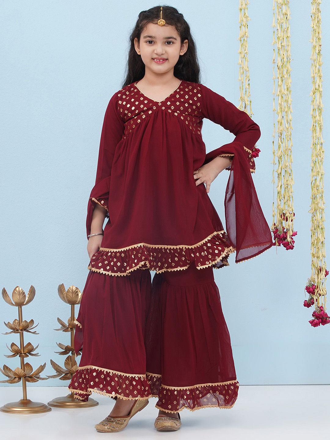 

Aj DEZInES Girls Ethnic Motifs Printed Gotta Patti Empire Kurti With Sharara & Dupatta, Maroon