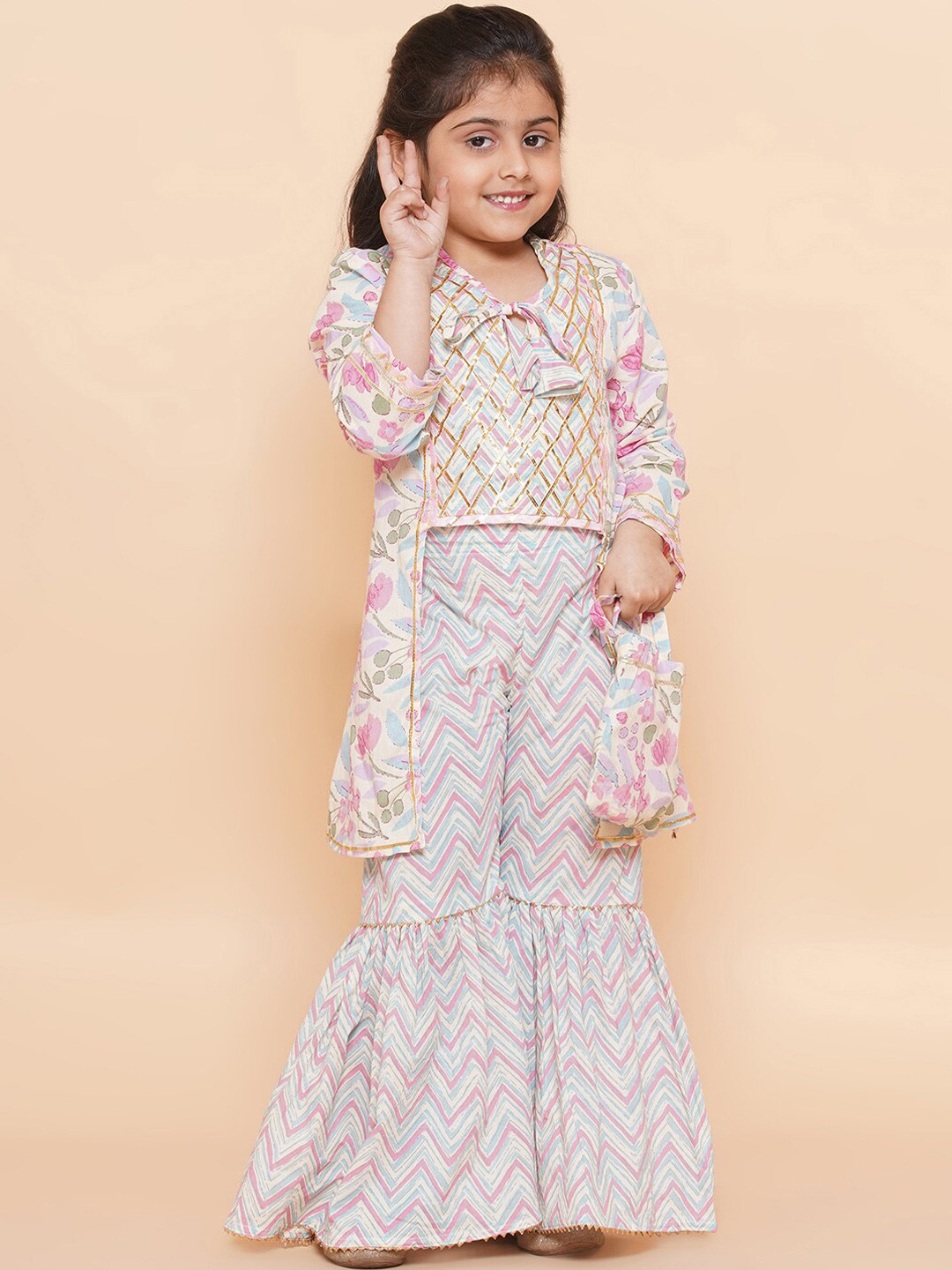 

Aj DEZInES Girls Geometric Printed Pure Cotton Kurta With Sharara, Beige