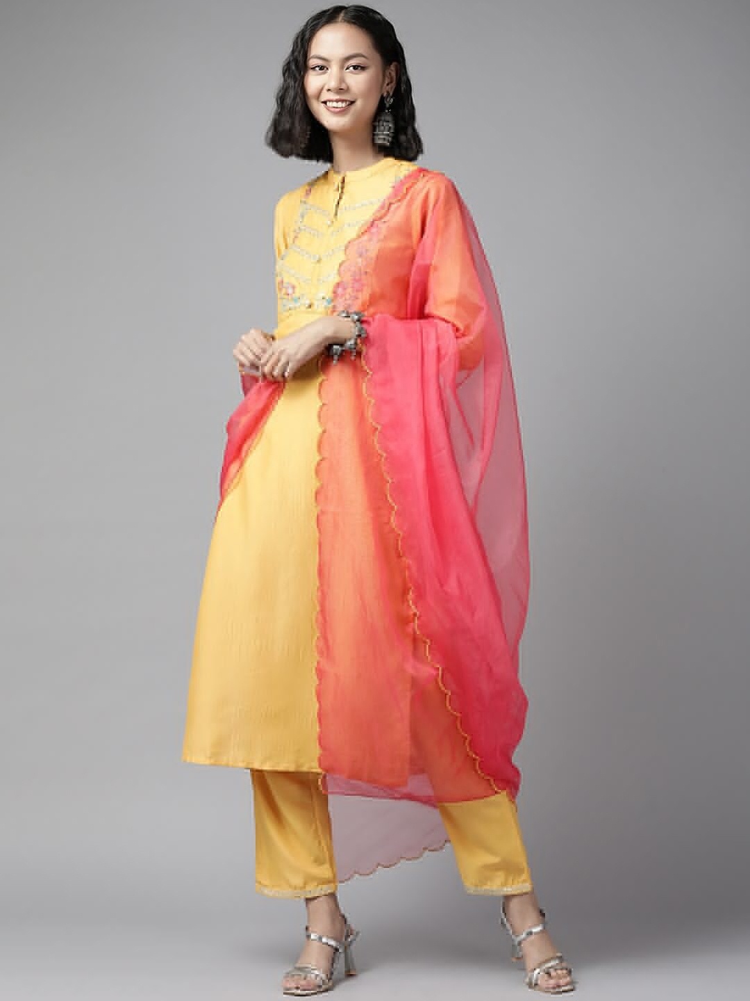 

Yufta Floral Embroidered Sequined Kurta with Trousers & Dupatta, Yellow