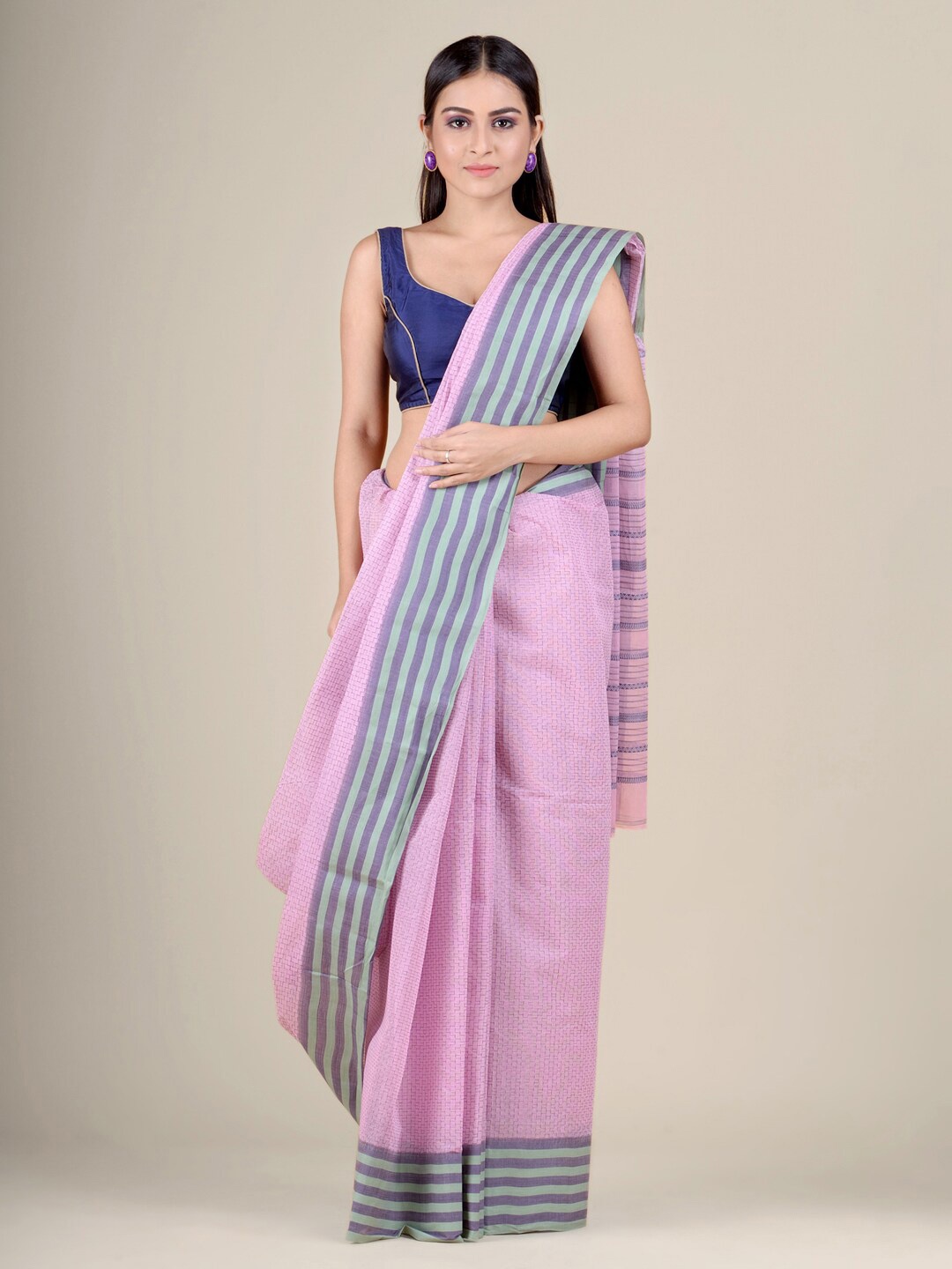 

Charukriti Geometric Motif Woven Design Pure Cotton Taant Saree, Pink