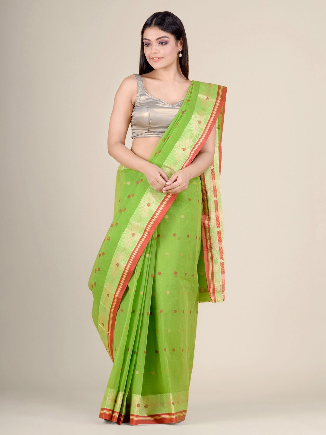 

Charukriti Geometric Motif Woven Design Zari Pure Cotton Taant Saree, Green