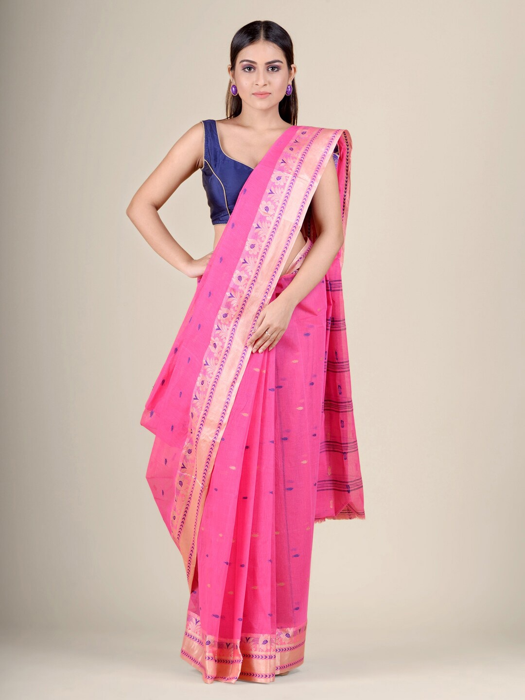 

Charukriti Ethnic Motif Woven Design Zari Pure Cotton Taant Saree, Pink