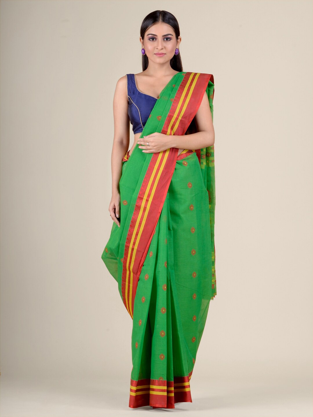 

Charukriti Floral Woven Design Pure Cotton Taant Saree, Green
