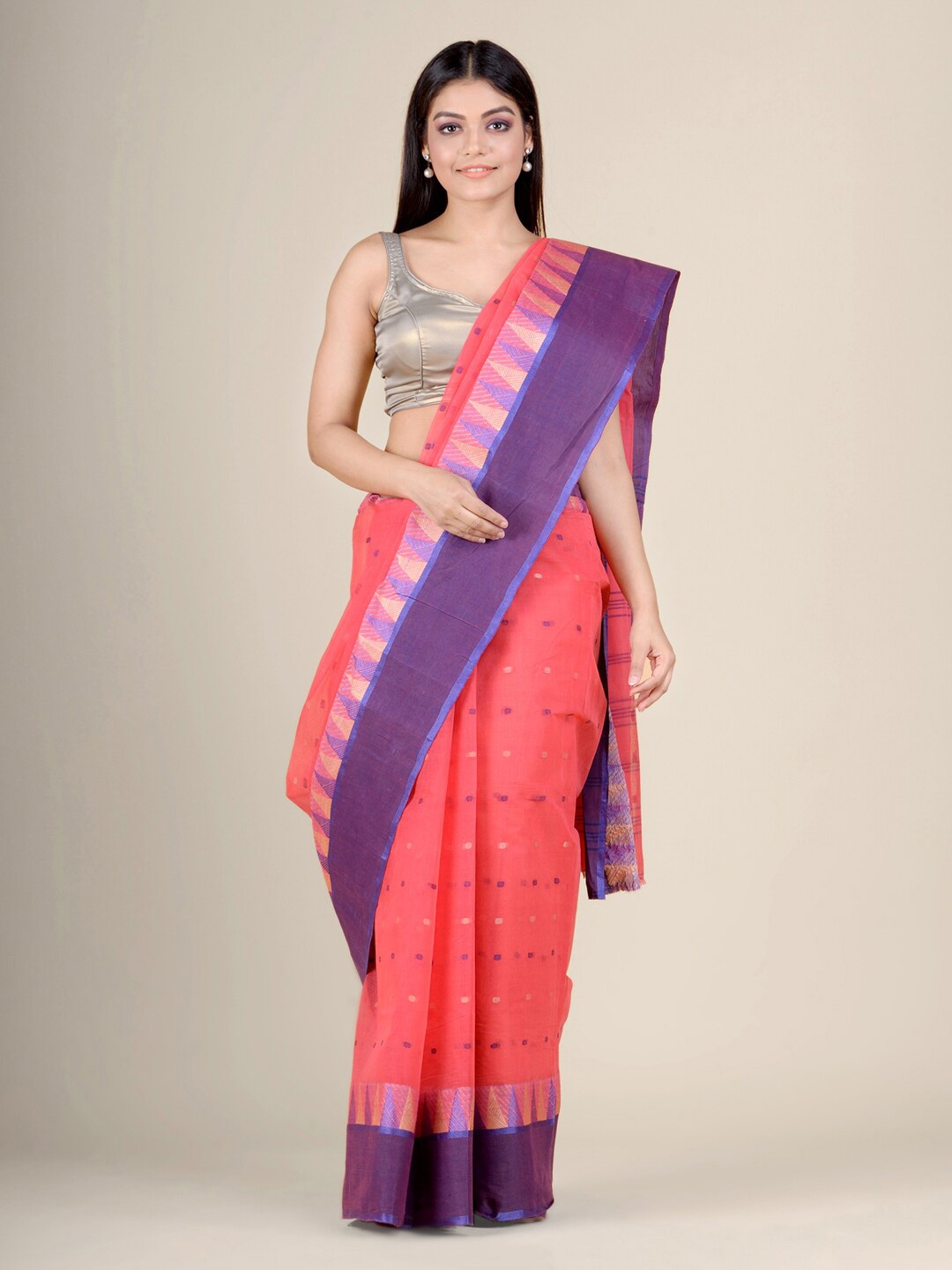 

Charukriti Polka Dots Woven Design Pure Cotton Taant Saree, Coral
