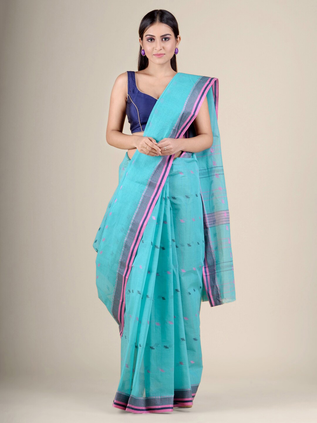 

Charukriti Ethnic Motif Woven Design Pure Cotton Taant Saree, Turquoise blue