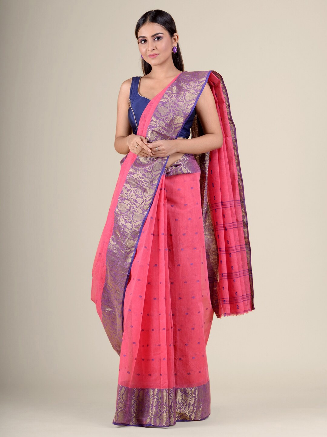 

Charukriti Geometric Woven Design Zari Pure Cotton Taant Saree, Pink