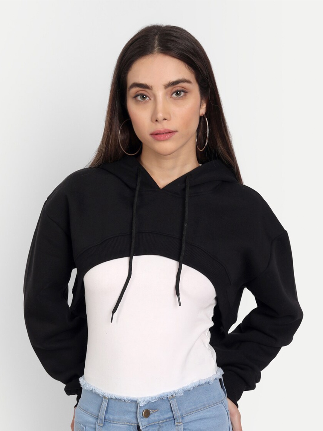

COLOR CAPITAL Hooded Fleece Crop Pullover Sweatshirt, Black