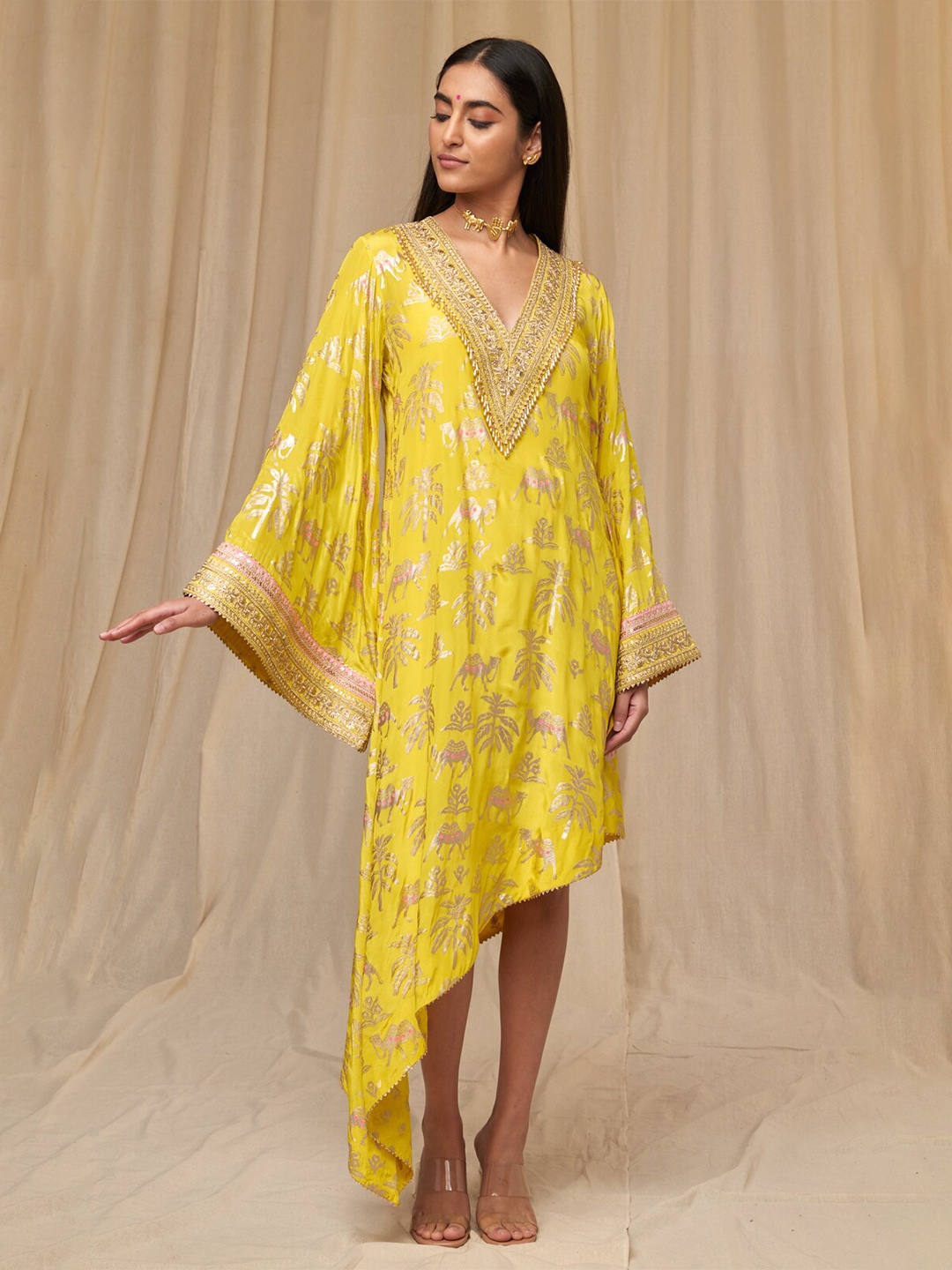 

Masaba Ethnic Motif Printed Flared Sleeves A-Line Dress, Yellow
