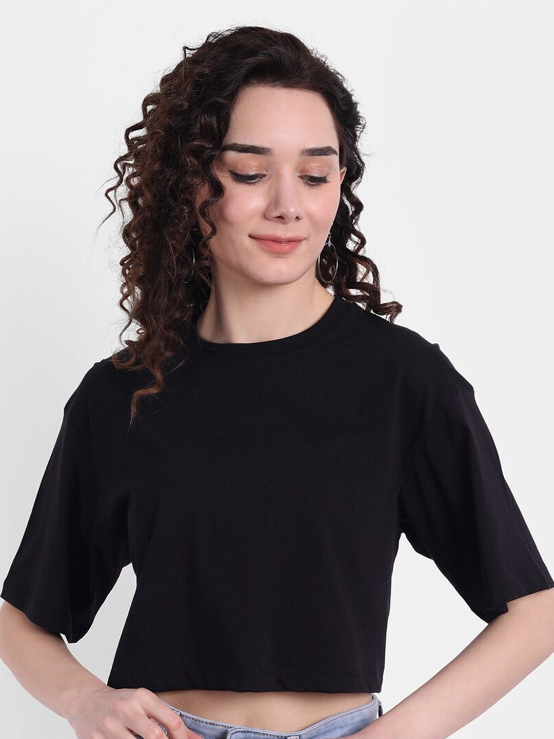 

COLOR CAPITAL Drop Shoulder Pure Cotton Boxy Crop T-shirt, Black