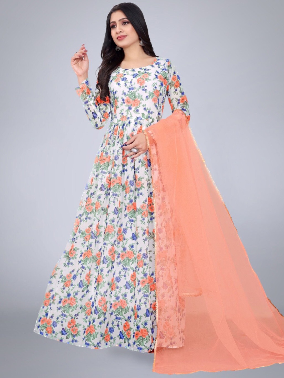 

KALINI Floral Printed Georgette Anarkali Kurta With Dupatta, White