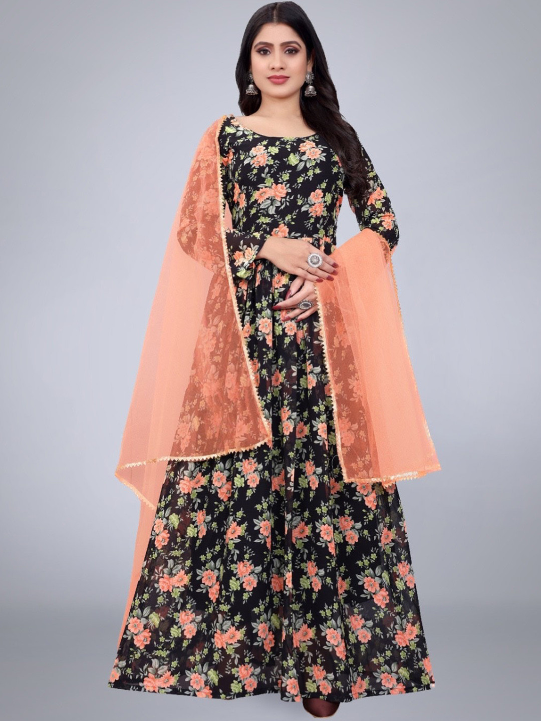 

KALINI Floral Printed Georgette Anarkali Kurta With Dupatta, Black