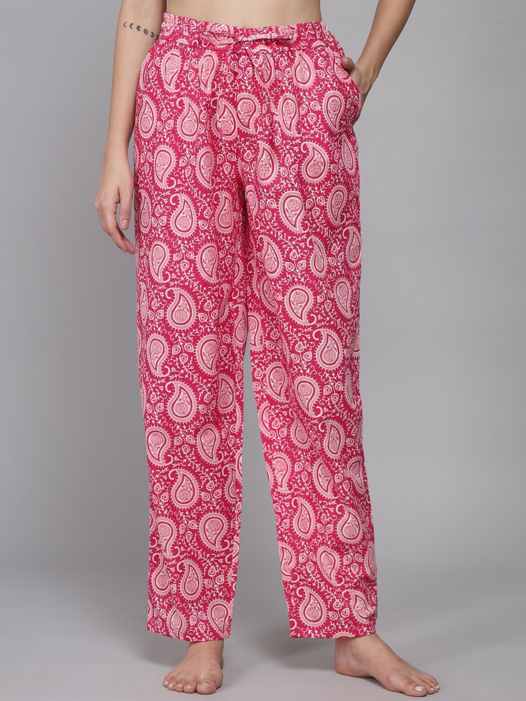 

Shararat Women Paisley Printed Pure Cotton Lounge Pants, Fuchsia