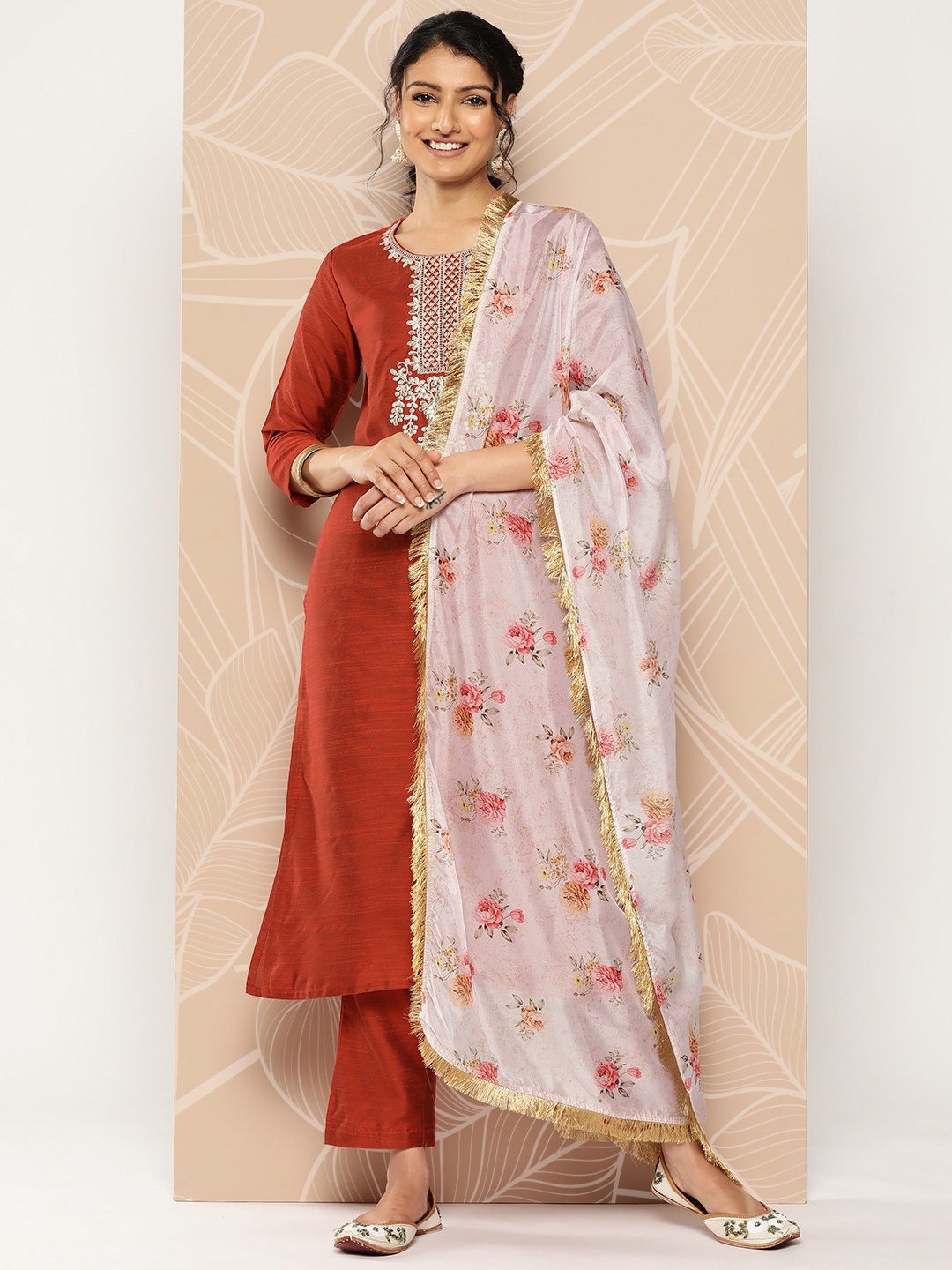 

Varanga Ethnic Motifs Embroidered Gotta Patti Dupion Silk Kurta With Trousers & Dupatta, Rust