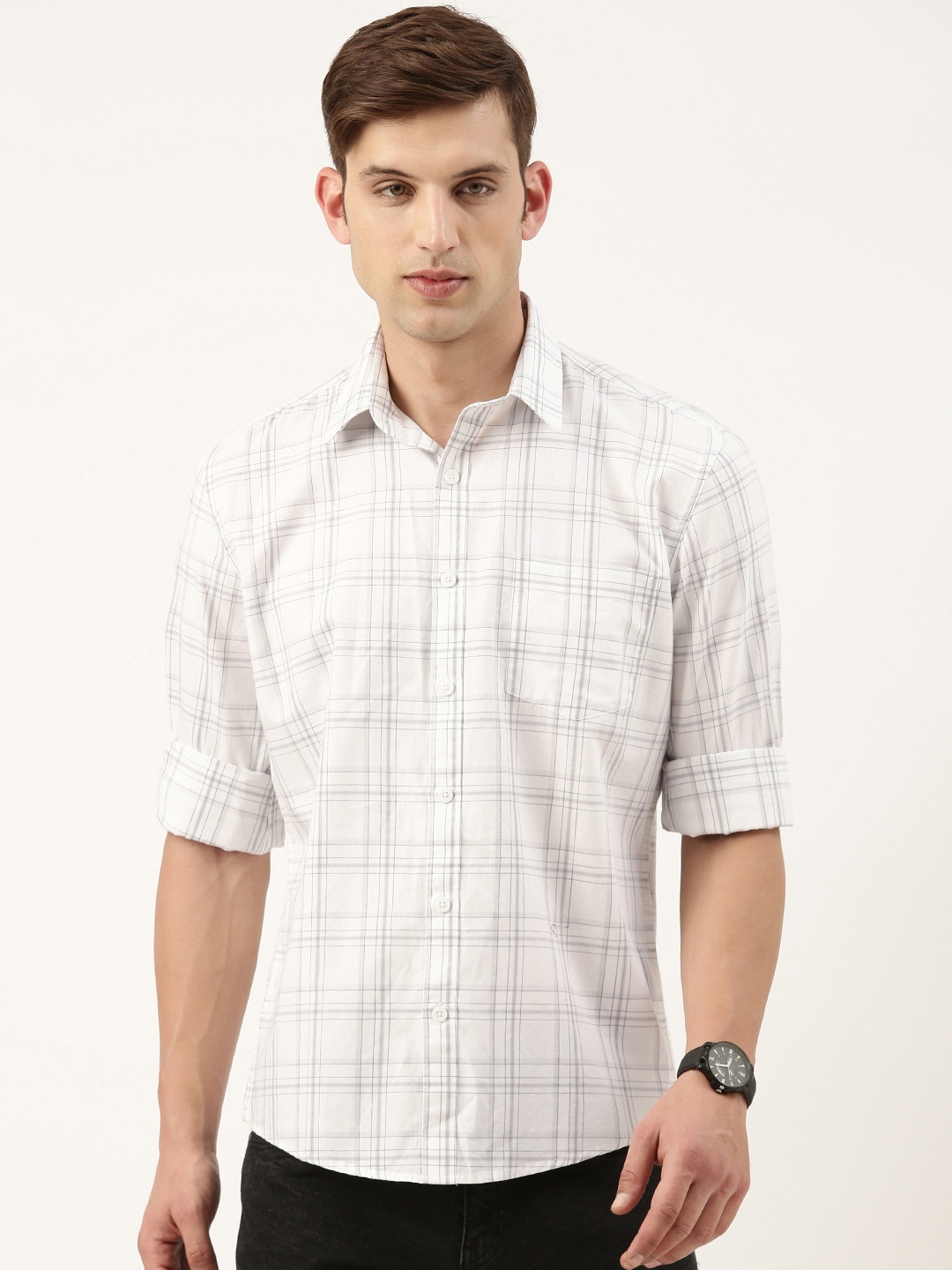 

Burnt Umber Standard Opaque Checked Casual Shirt, White