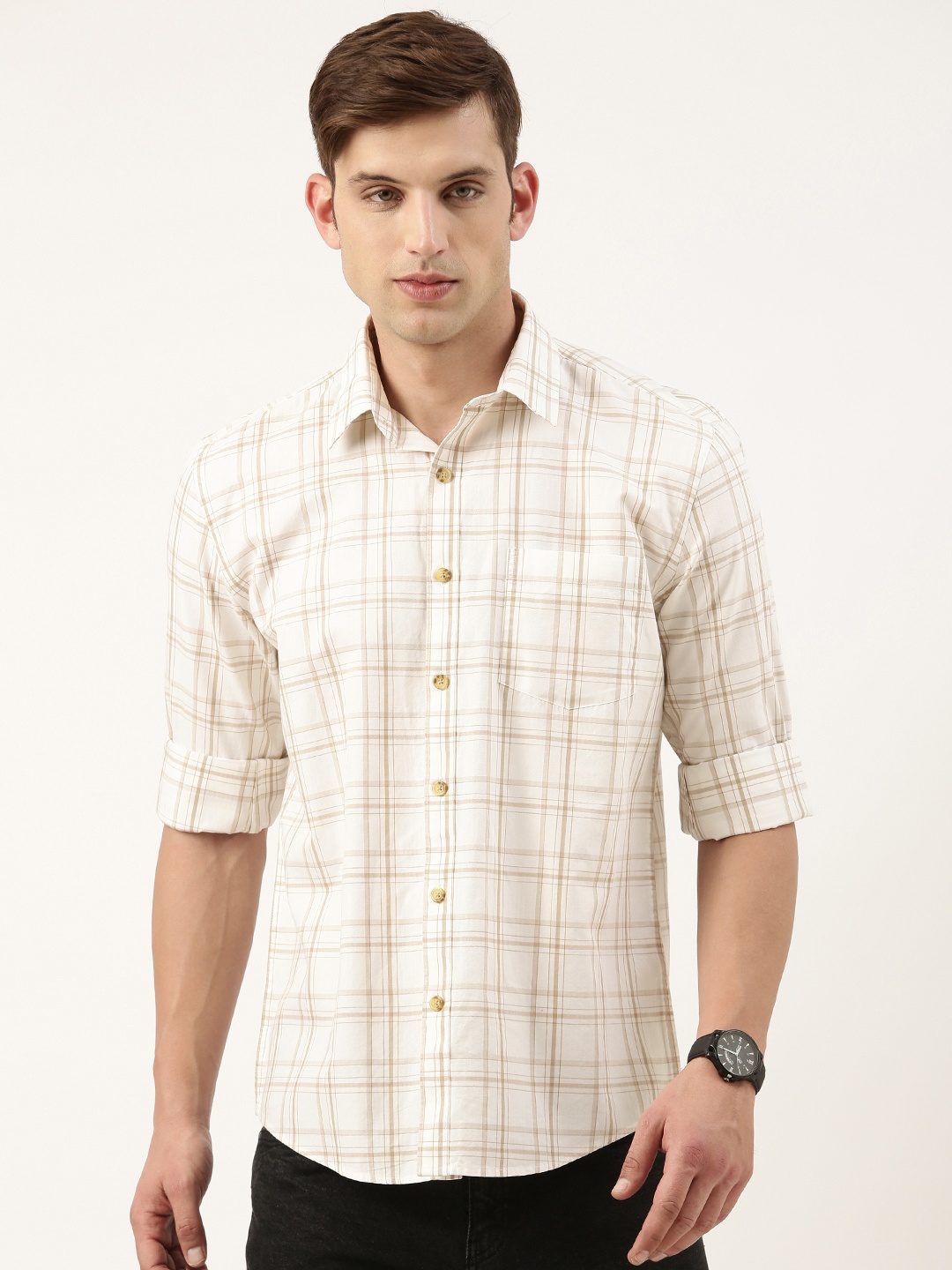 

Burnt Umber Standard Opaque Checked Casual Shirt, White