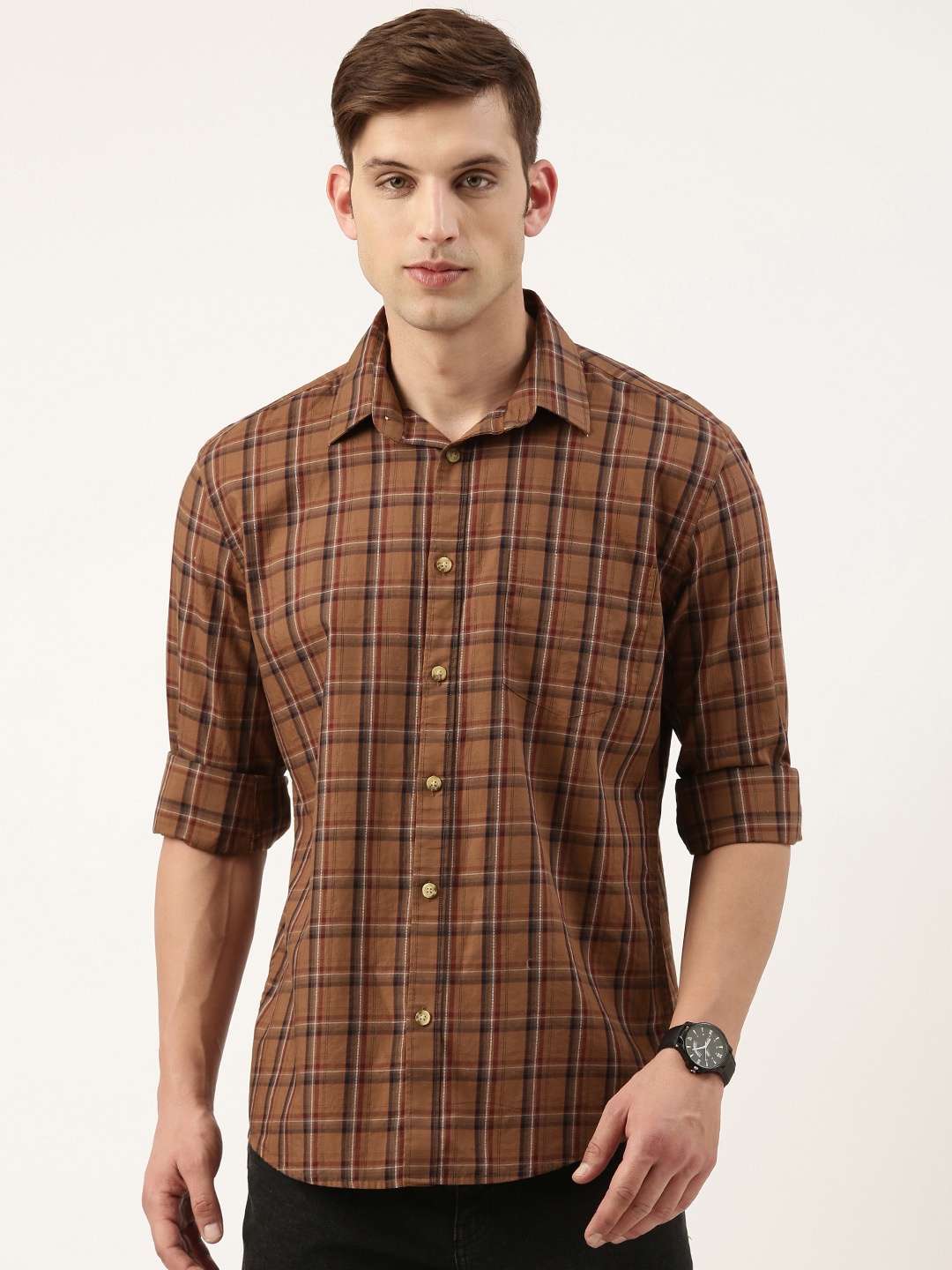 

Burnt Umber Standard Opaque Checked Casual Shirt, Brown