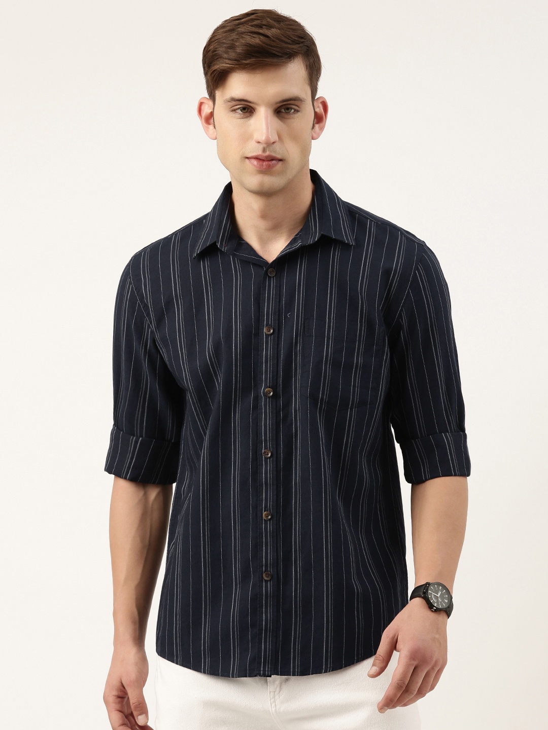 

Burnt Umber Standard Opaque Striped Casual Shirt, Navy blue