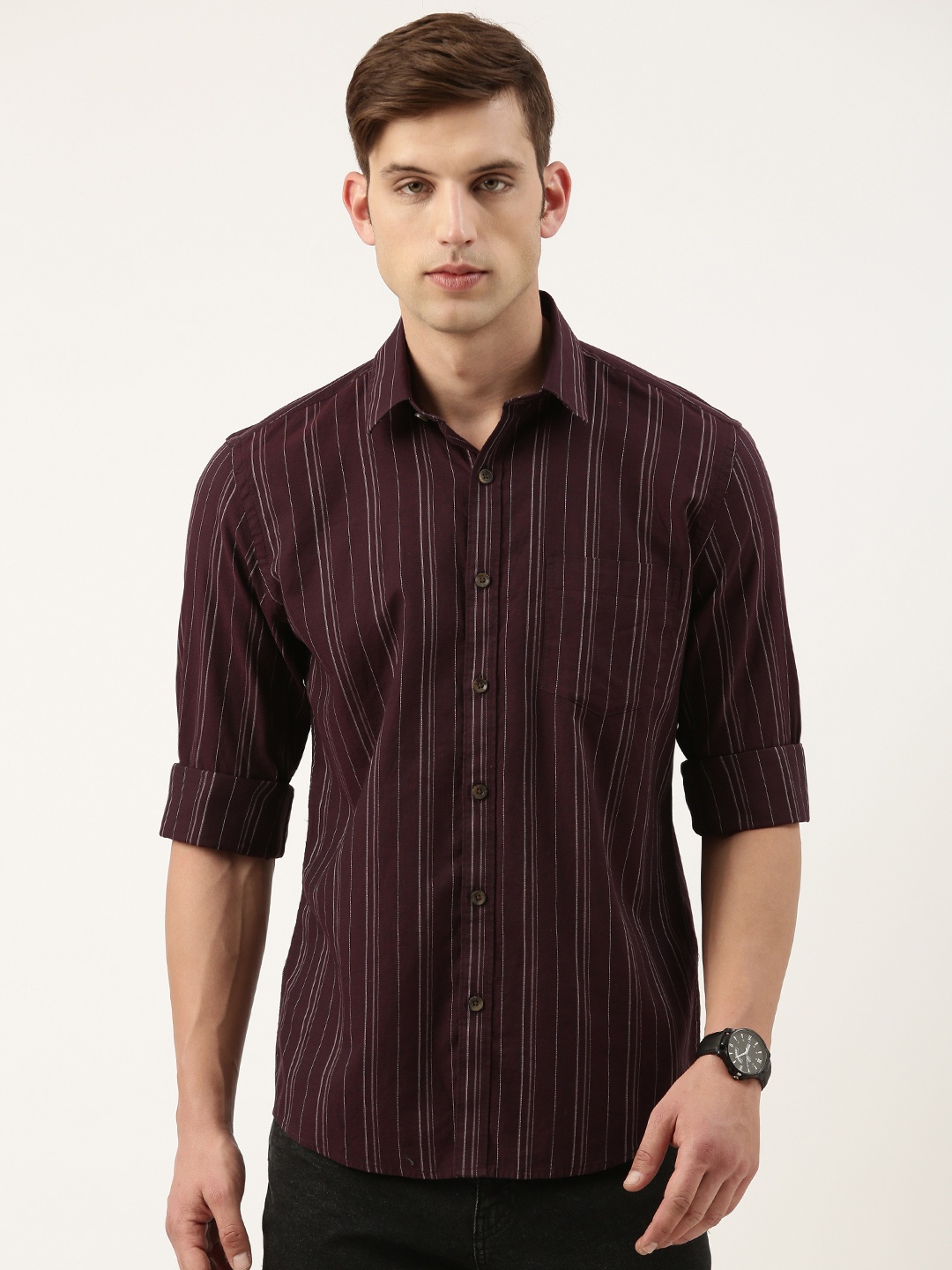 

Burnt Umber Standard Opaque Striped Casual Shirt, Maroon