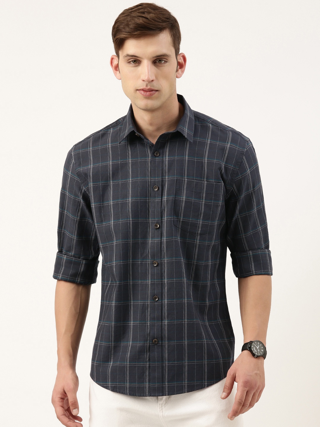 

Burnt Umber Standard Opaque Checked Casual Shirt, Navy blue