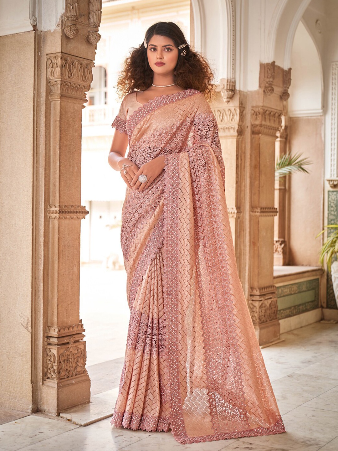 

SHOPGARB Floral Woven Design Embellished Net Saree, Peach