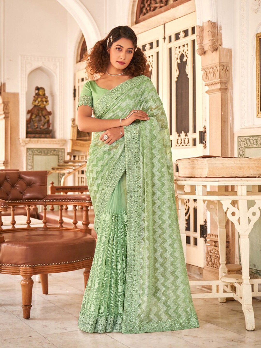 

SHOPGARB Embellished Embroidered Net Heavy Work Saree, Green