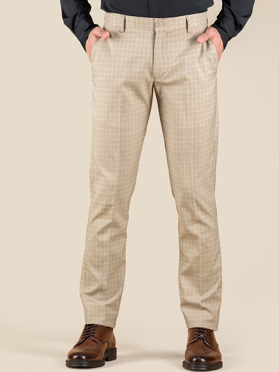 

Dennis Lingo Men Checked Classic Slim Fit Wrinkle Free Formal Trousers, Beige