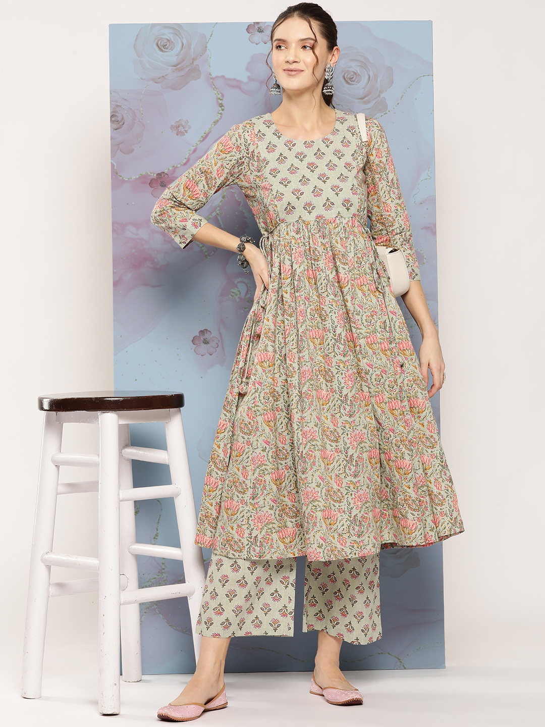 

Saanjh Ethnic Motifs Printed Pleated Pure Cotton Kurta With Palazzos, Grey