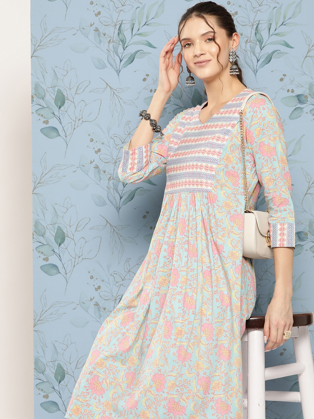 

Saanjh Floral Printed Pure Cotton Kurta With Trousers, Blue