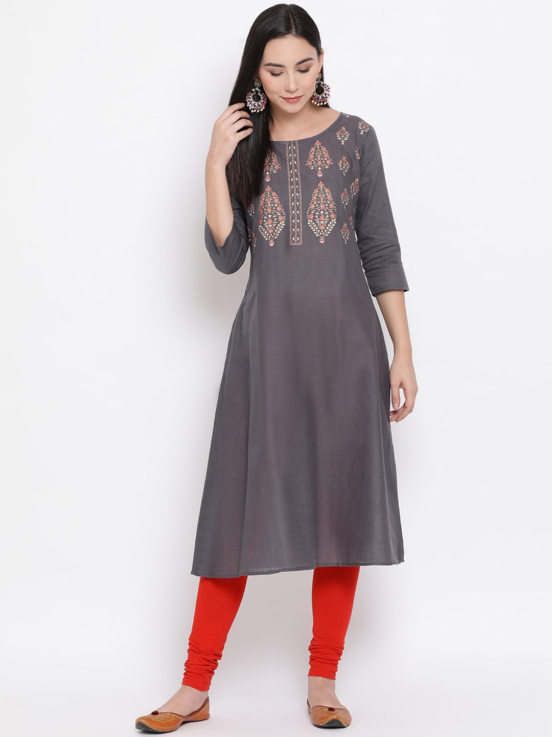 

Span Ethnic Motifs Printed Round Neck A-Line Cotton Kurta, Grey