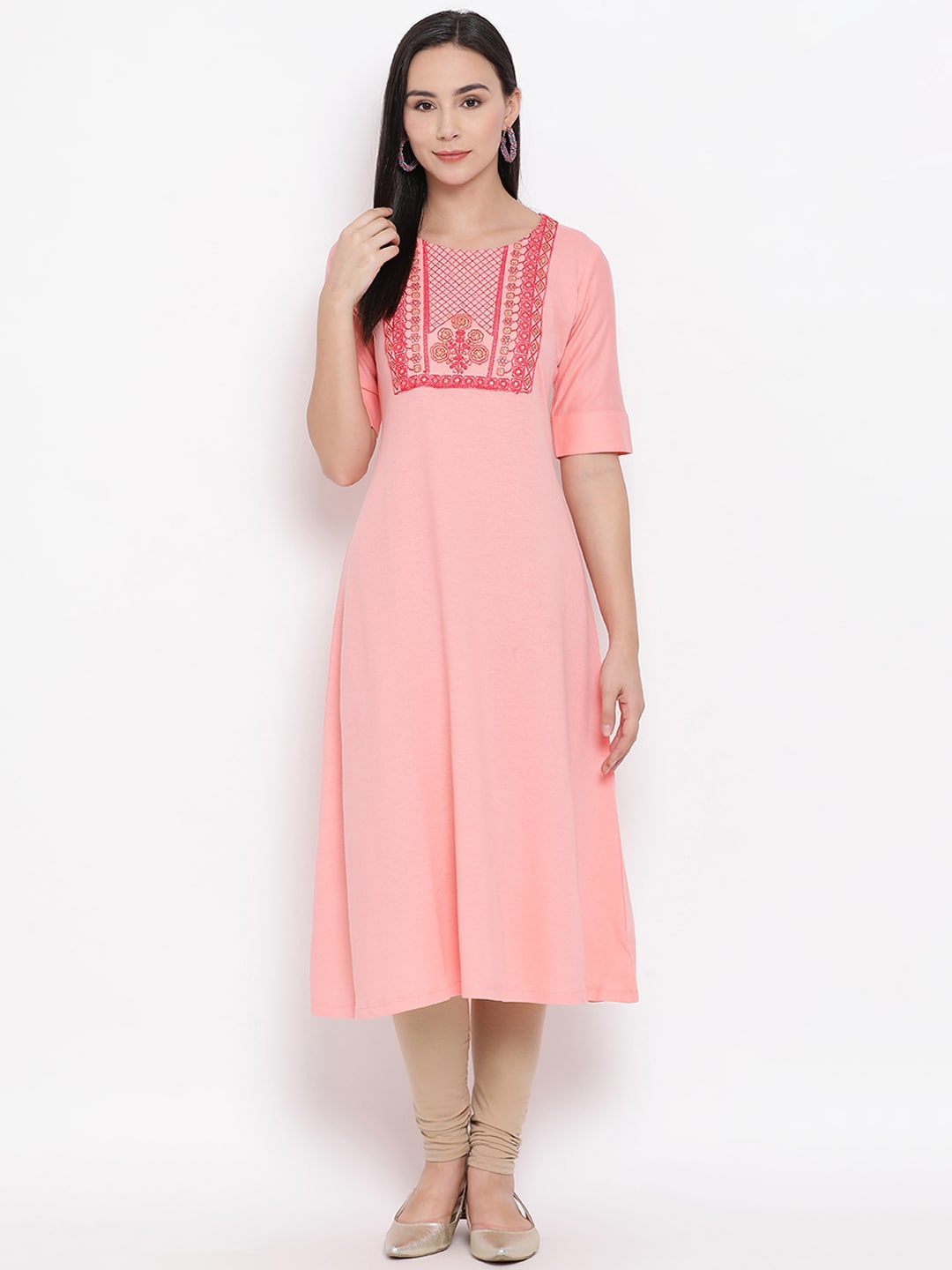 

Span Yoke Design Thread Work Straight Cotton Kurta, Peach