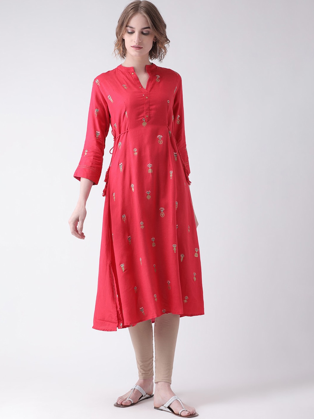 

Span Ethnic Motifs Mandarin Collar Straight Cotton Kurta, Red